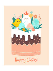 Easter card. Cute illustration with cupcake, chicken eggs and flowers. Vector template.
