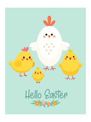 Easter card. Cute illustration with chickens. Vector design template.