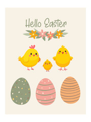 Easter card. Cute illustration with chickens and eggs. Vector design template.