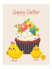 Easter card. Cute illustration with cupcake and chickens. Vector template.