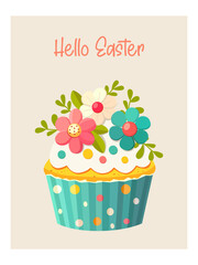 Easter card. Cute illustration with cupcake and flowers. Vector template.
