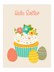 Easter card. Cute illustration with cupcake and eggs. Vector template.