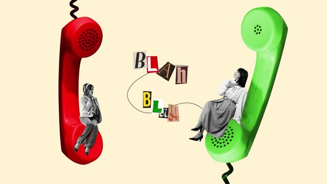 Young women, friends sitting on giant red and green retro telephone handsets with newspaper cut letters and talking, discussing news, spreading rumors. Stop motion, animation. Communication