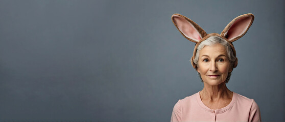 Portrait of an adult woman with gray hair and a headband with bunny ears on her head on a gray background - obrazy, fototapety, plakaty