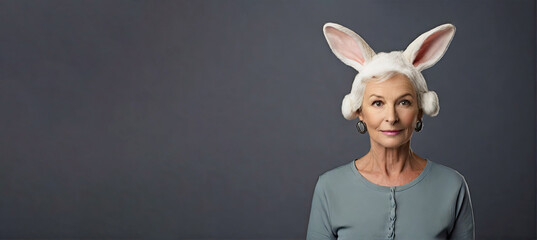 Portrait of an adult woman with gray hair and a hat with bunny ears holding a basket