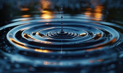 A perfect water droplet splashed ripples. Pure blue, minimalist picture.
