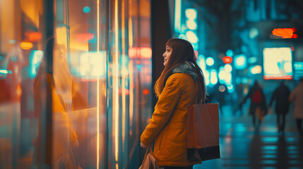 Mulher jovem e bonita com casaco amarelo com sacolas de compras na cidade à noite - obrazy, fototapety, plakaty