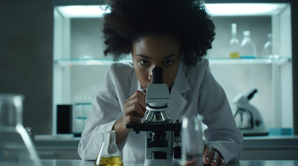 cientista afro-americana usando microscópio em laboratório. conceito de ciência, química, biologia, medicina e pessoas - obrazy, fototapety, plakaty