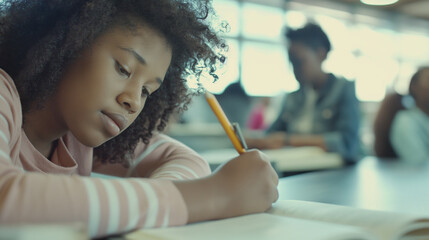 Retrato de uma estudante afro-americana fazendo lição de casa na mesa da sala de aula