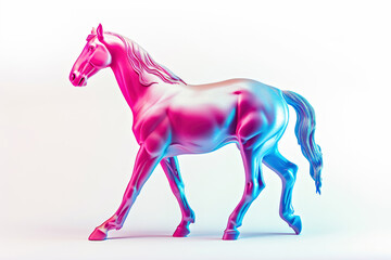 On a white surface, a poised horse in delightful shades of pink and blue