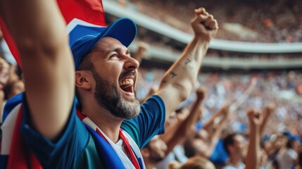 A happy fan is grinning and waving a flag in a stadium, expressing his joy and excitement. AIG41 - obrazy, fototapety, plakaty