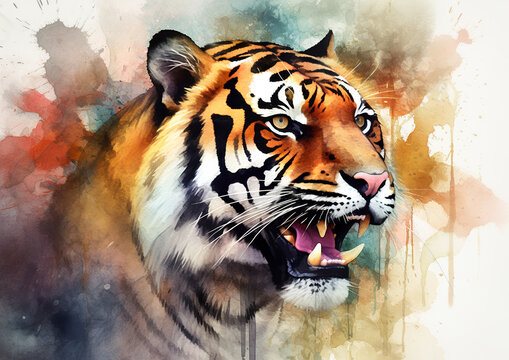 AI-generated image of a tiger's face in watercolor style.