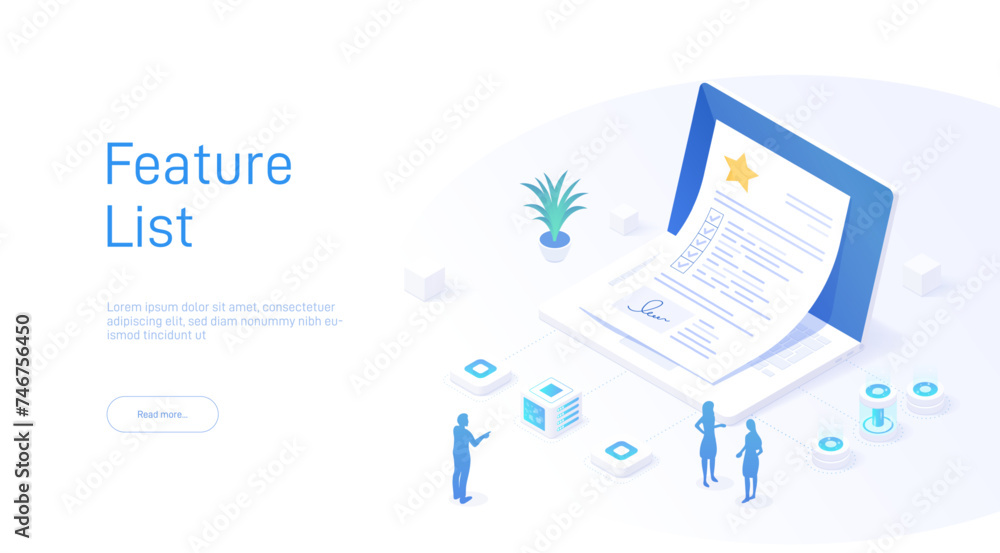 Poster isometric illustration featuring a laptop and piece of paper showcasing a feature list with graphics