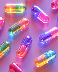 Minimal colorful background concept on a pastel pink background of various transparent, irrevisible colors of glowing pills, surreal medications.