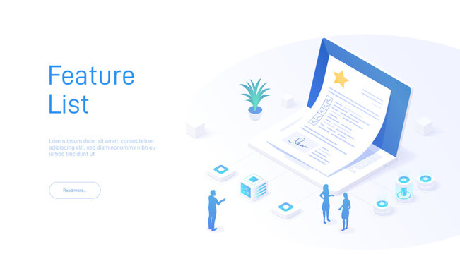 Isometric illustration featuring a laptop and piece of paper showcasing a feature list with graphics like rectangles, circles, fonts, brand logos, and electric blue elements.