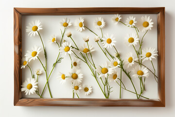 Fresh chamomile flowers artistically arranged within a wooden frame on a white background, creating a tranquil natural art piece.