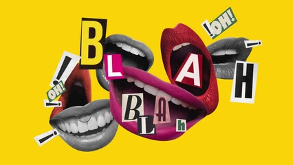 Various female open mouths talking, leading discussion over vivid yellow background. Stop motion, animation. Cut out newspaper letters. Diversity in opinion, conversation.