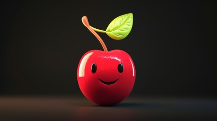 Red cherry with smiley face on black background