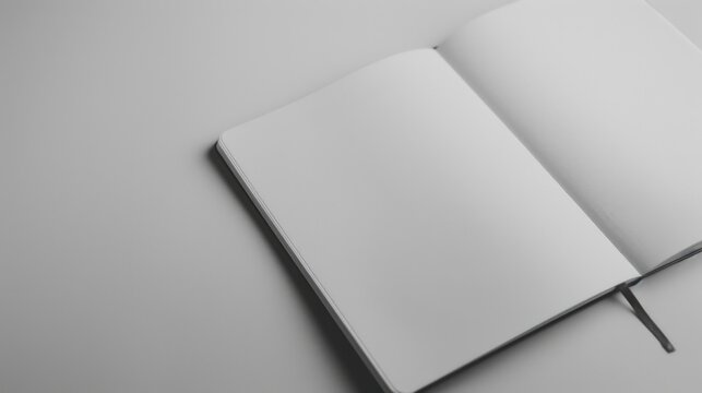 A image of an open book with blank pages resting on grey table. Mockup with copy-space, place for text, top view, flat lay