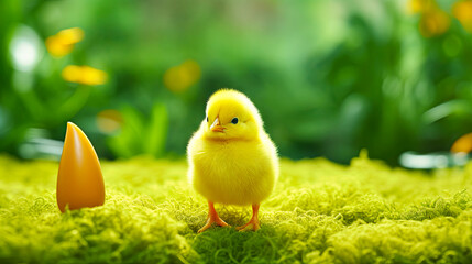 A small yellow chicken sits on top of a lush green grass covered field, surrounded by the natural landscape