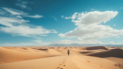 Fototapeta na wymiar Man walking on sand dune in the desert.