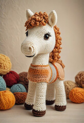 Little cute horse handmade toy on room background. Amigurumi toy making, knitting, hobby