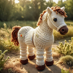 Little cute horse handmade toy on beautiful summer landscape background. Amigurumi toy making, knitting, hobby