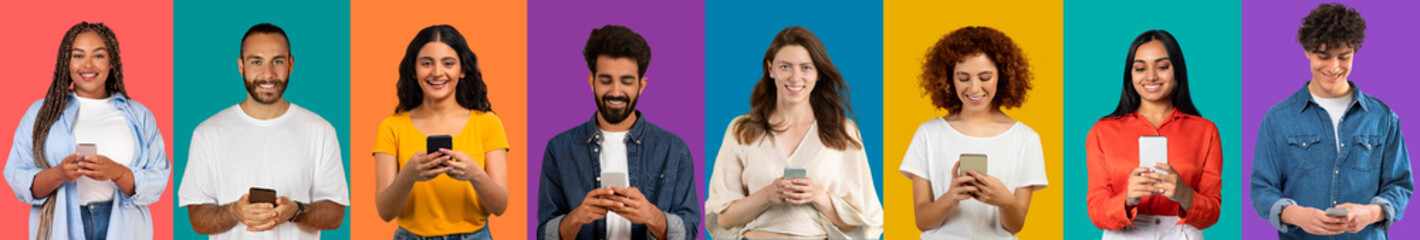 Eight individuals of diverse ethnicities and styles smiling and using smartphones
