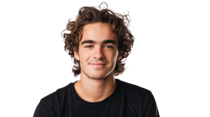 Portrait of happy cheerful handsome guy with brown curly hair isolated on transparent