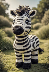 Fototapeta premium Little cute zebra handmade toy on beautiful summer landscape background. Amigurumi toy making, knitting, hobby