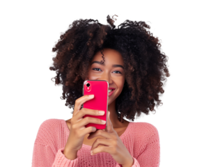 Content smiling woman with afro hairstyle typing text message or using internet on smartphone isolated over transparent background
