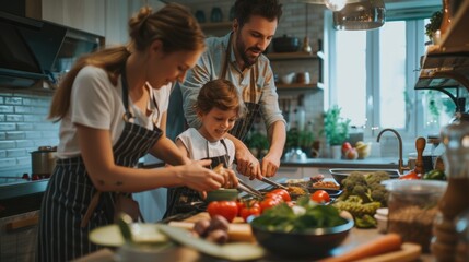 A family is happily cooking and bonding in the kitchen, sharing natural foods and ingredients,...