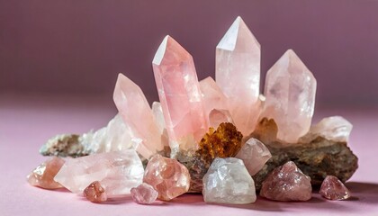 crystals of rose quartz on a pink background beautiful semi precious stones