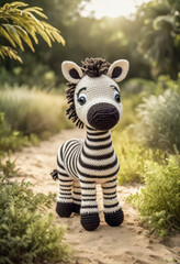 Little cute zebra handmade toy on beautiful summer landscape background. Amigurumi toy making, knitting, hobby