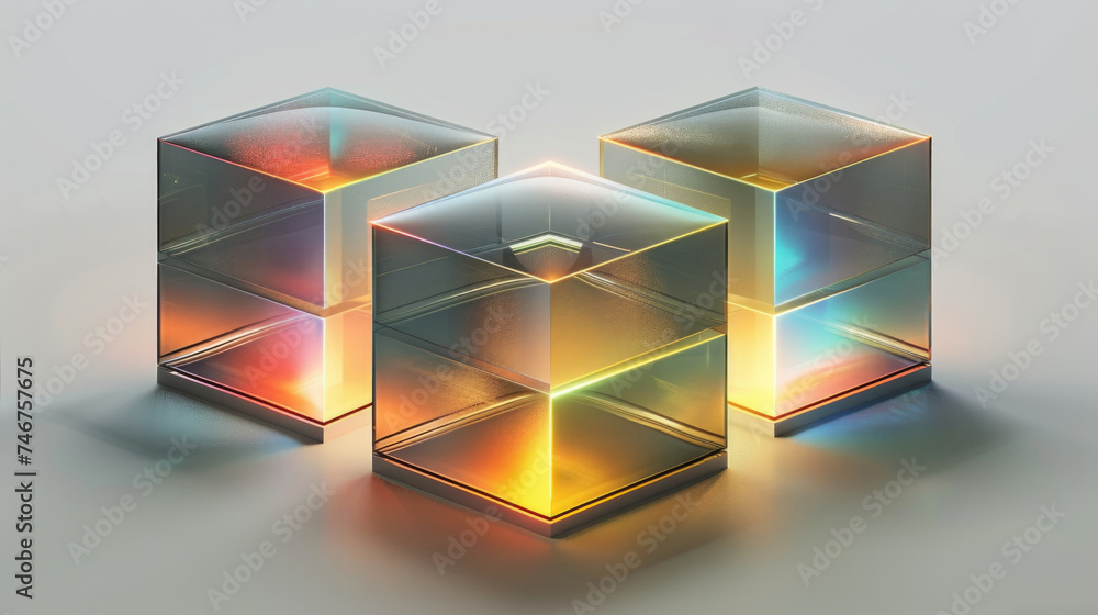 Poster a group of three transparent glass cubes are arranged neatly on top of a wooden table, creating an i