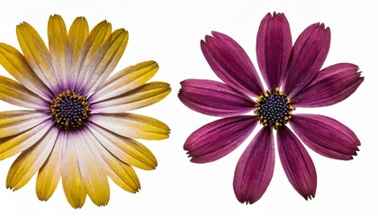 pressed and dried flowers osteospermum isolated on white background for use in scrapbooking pressed floristry or herbarium - obrazy, fototapety, plakaty