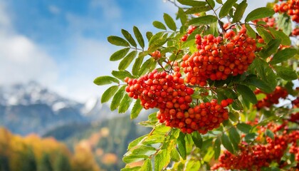 rowan tree with many bunches of red berries at autumn day