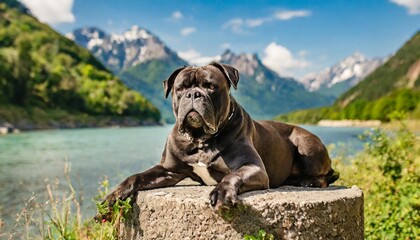 a huge italian cane corso lies resting on a stone post on the background of the river and mountains beautiful picture of a dog in nature - obrazy, fototapety, plakaty