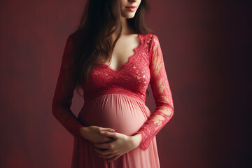 Portrait of the young pregnant woman in red transparent peignoir. Image of pregnant woman touching her belly with hands. Pregnant middle aged mother portrait, caressing her belly. - 746757875
