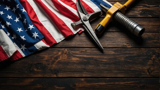 American flag with different construction tools with copy space for text on dark wooden background