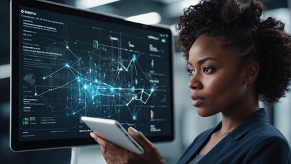 Black woman with tablet, erp data overlay and innovation, research and programming in future information technology, Futuristic network, analytics and developer for startup business website software