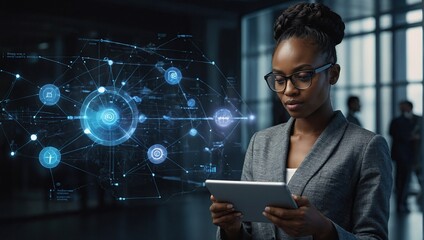 Black woman with tablet, erp data overlay and innovation, research and programming in future information technology, Futuristic network, analytics and developer for startup business website software