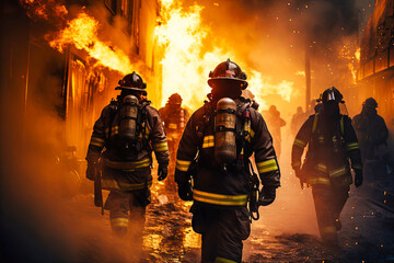 Group of Firefighters Standing in Front of Fire - obrazy, fototapety, plakaty