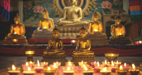 Buddha statues and candles, traditional Buddhist rituals, lighting lamps in front of Buddha...