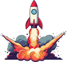 Colorful rocket launching flames smoke. Space exploration startup concept vector illustration