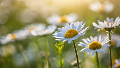 wild daisy flowers growing on meadow warm sunny defocused natural background