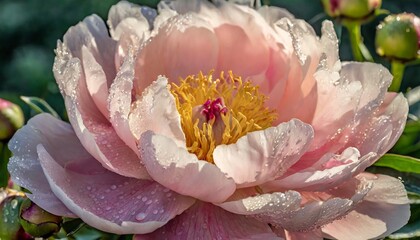 macro capture of a blush pink peony its ruffled petals unfurling to reveal a heart of golden stamens with drops of morning dew accentuating its delicate beauty