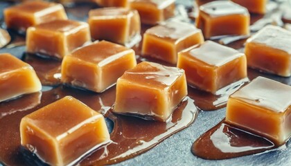 tasty caramel candies with sauce background sweet texture