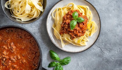 a pot of fresh bolognese sauce and a plats of cooked pappardelle and tagliatelle pasta with bolognese sauce gray background from natural stone top view