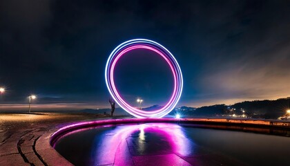 a luminous neon circle dominates the dark scene its undulating lights